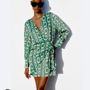 ZARA Link Chain Design Tie Long Sleeve Dress Green Off-White Blue XS NWT